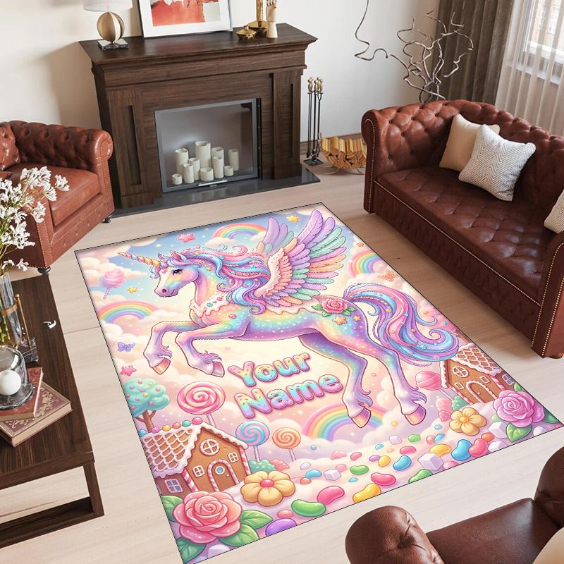 Alfombra de Suelo de Terciopelo de Cristal con Temática de Unicornio, Alfombra Cálida Personalizada con Nombre y Texto, Decoración del Hogar
