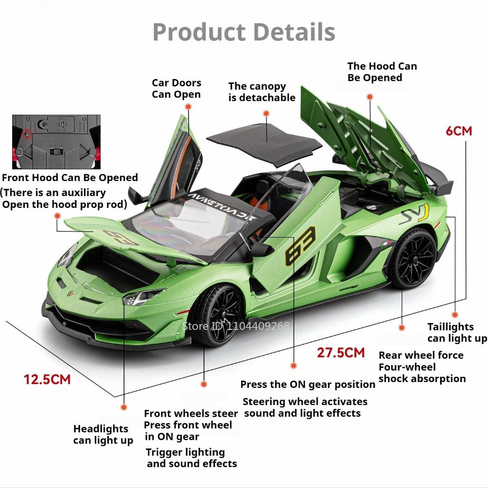Scale 1:18 SVJ63 V12 Sport Car Model Toy Metal Diecast Music Light Shock Absorption Models Wheel Steering Supercar Gifts for Boy