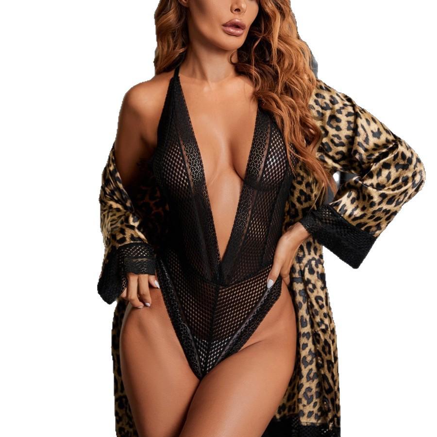 European & American Ladies' Luxury Leopard Print See-Through Lace Chiffon Lingerie One-Piece Set