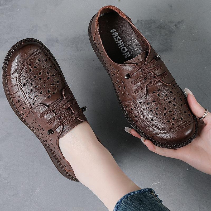 First layer cowhide summer new soft-soled mother shoes retro sandals women's hollow breathable thick-soled hole shoes
