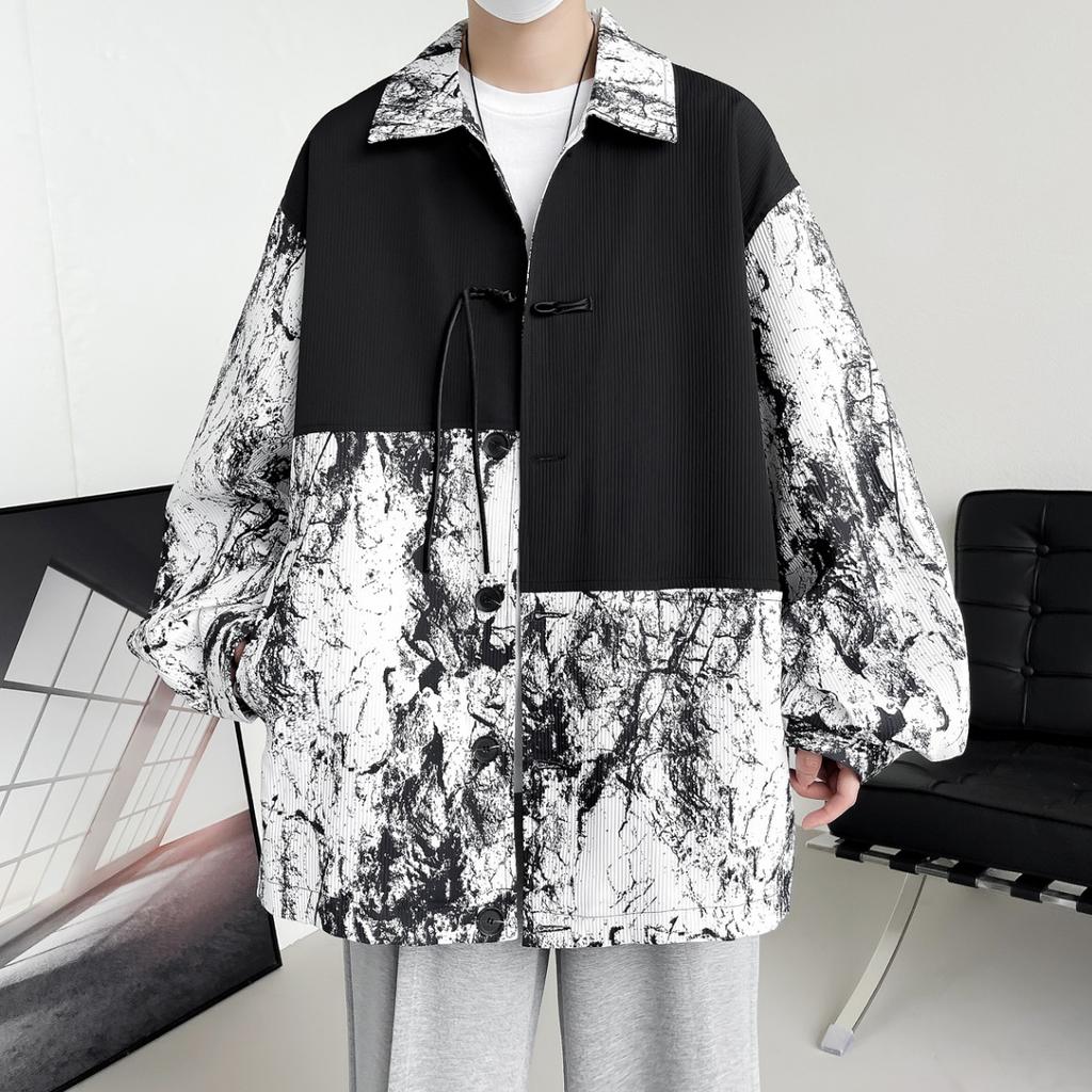 New Chinese Style Loose Tie-Dye Long Sleeve Shirt Men's Fashion Design Summer BF Trendy Patchwork Fake Two-Piece Button Shirt