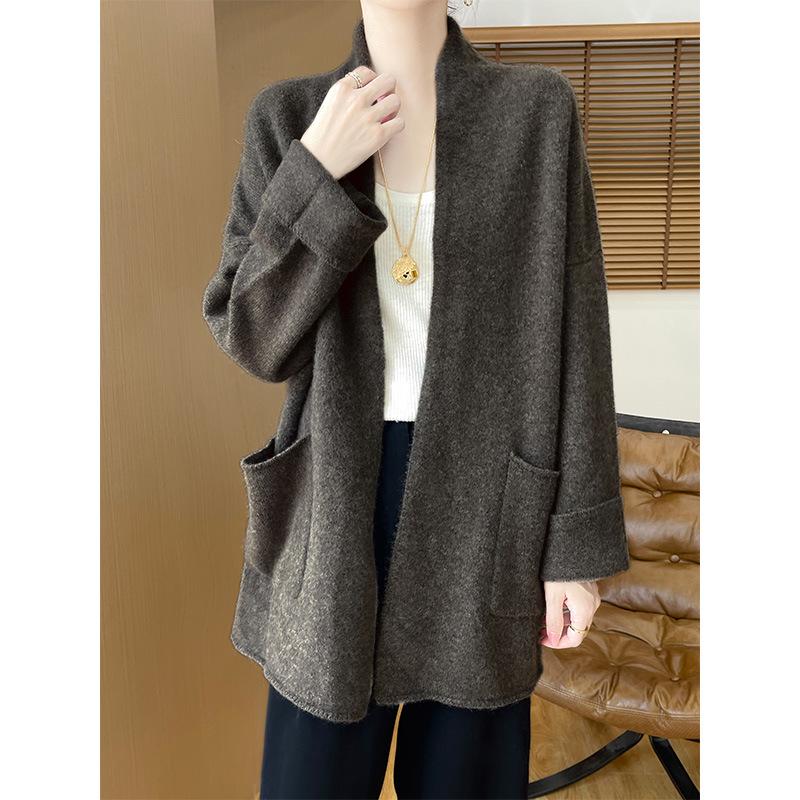 Women's Wool Knit Cardigan - Autumn/Winter 2024, Loose Mid-Length Long Sleeve Sweater/Jacket
