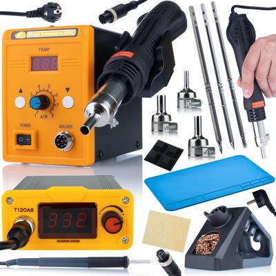 Súprava spájkovacej stanice T12 + horúcovzdušná stanica 858D – Vysoká presnosť | Súprava 3 trysiek | Silikónová podložka 200x300 mm