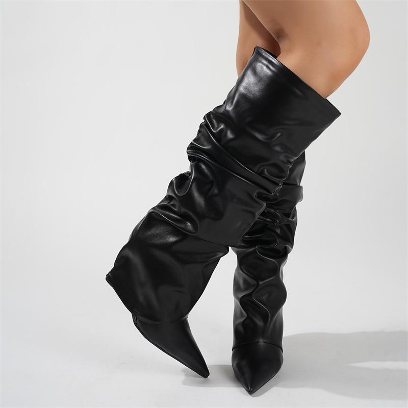 Pleated Black Leather Women's Knee High Boots Sexy Slip On Wedges Shoes Party Ladies Pointed Toe Women High Knee Botas Femininas