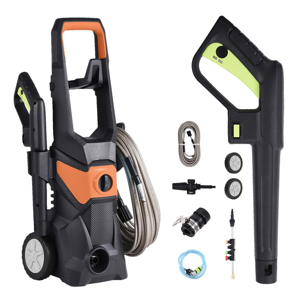 

Электрическая мойка высокого давления с пеной, 4 насадки, мойка высокого давления для автомобиля, высокоэффективная, с колесами для патио, дома, автомобилей, на открытом воздухе оранжевый