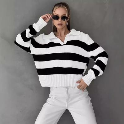 Autumn Winter Striped Color Block Sweater Women's Loose Knitted Design Elegant Comfortable Versatile Fashion Daily Outerwear Option