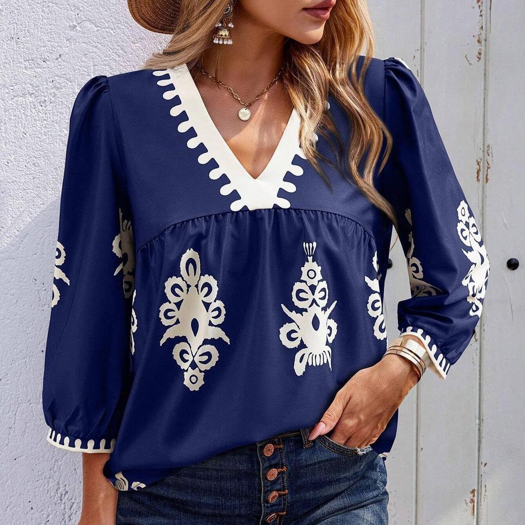 Women's Casual Loose And Fashionable V-Neck Printed Top, Fashionable Top Fashionable Top