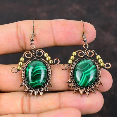 Malachite Earring Copper Wire Wrapped Gemstone Earring Handmade Jewelry Women Earrings Beautiful Copper Jewelry Stylish Earring Gift For Her