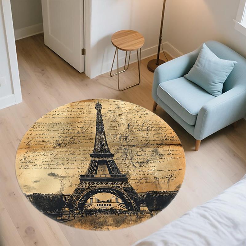 Vintage Eiffel Tower,Round Area Rug,Carpet Rug for Living Room Bedroom Sofa Playroom Decor,Non-slip Floor Mat