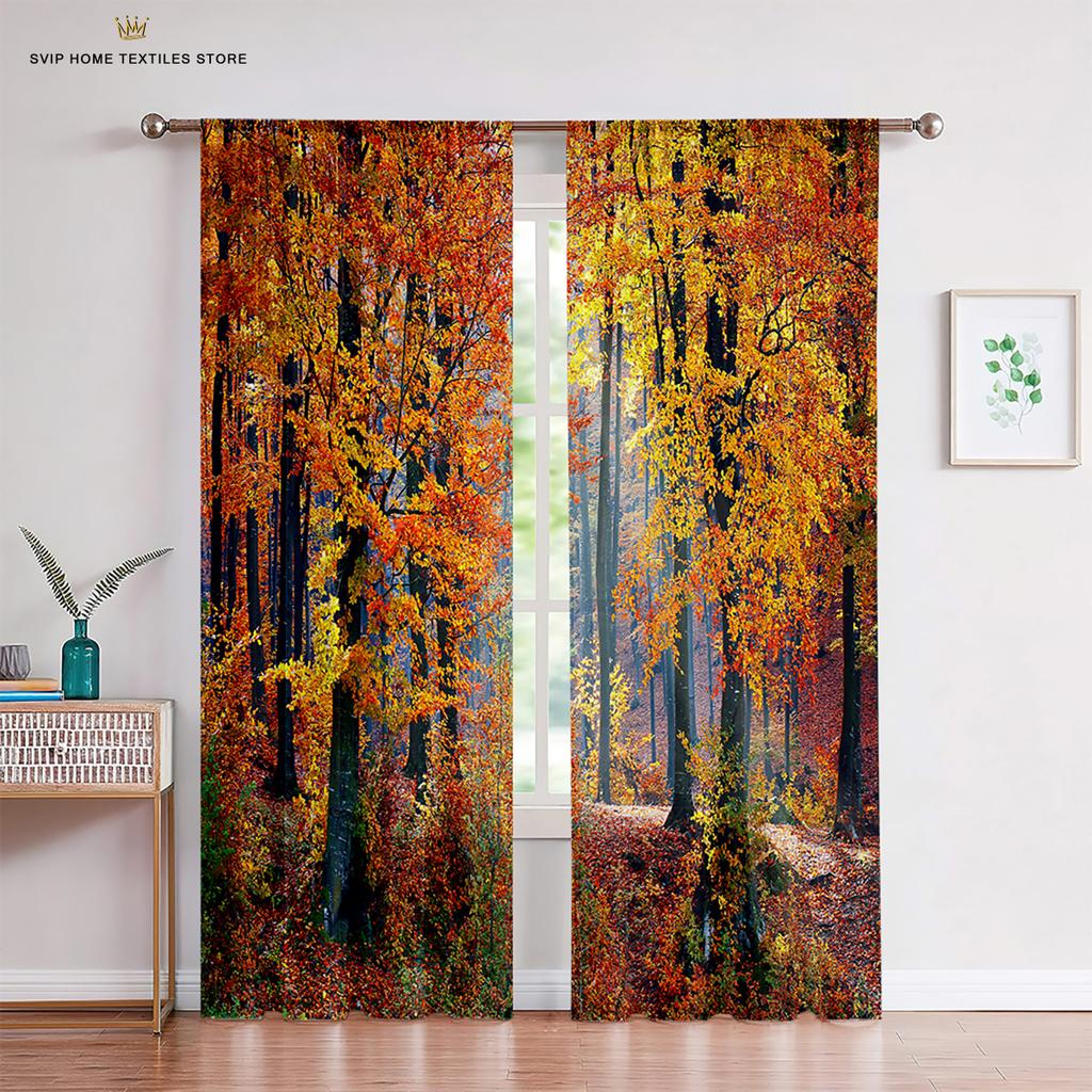 Höstskog Tyllgardiner för Vardagsrum, Sovrumsdekoration, Höstträd, Natursceneri, Skir Voilegardin