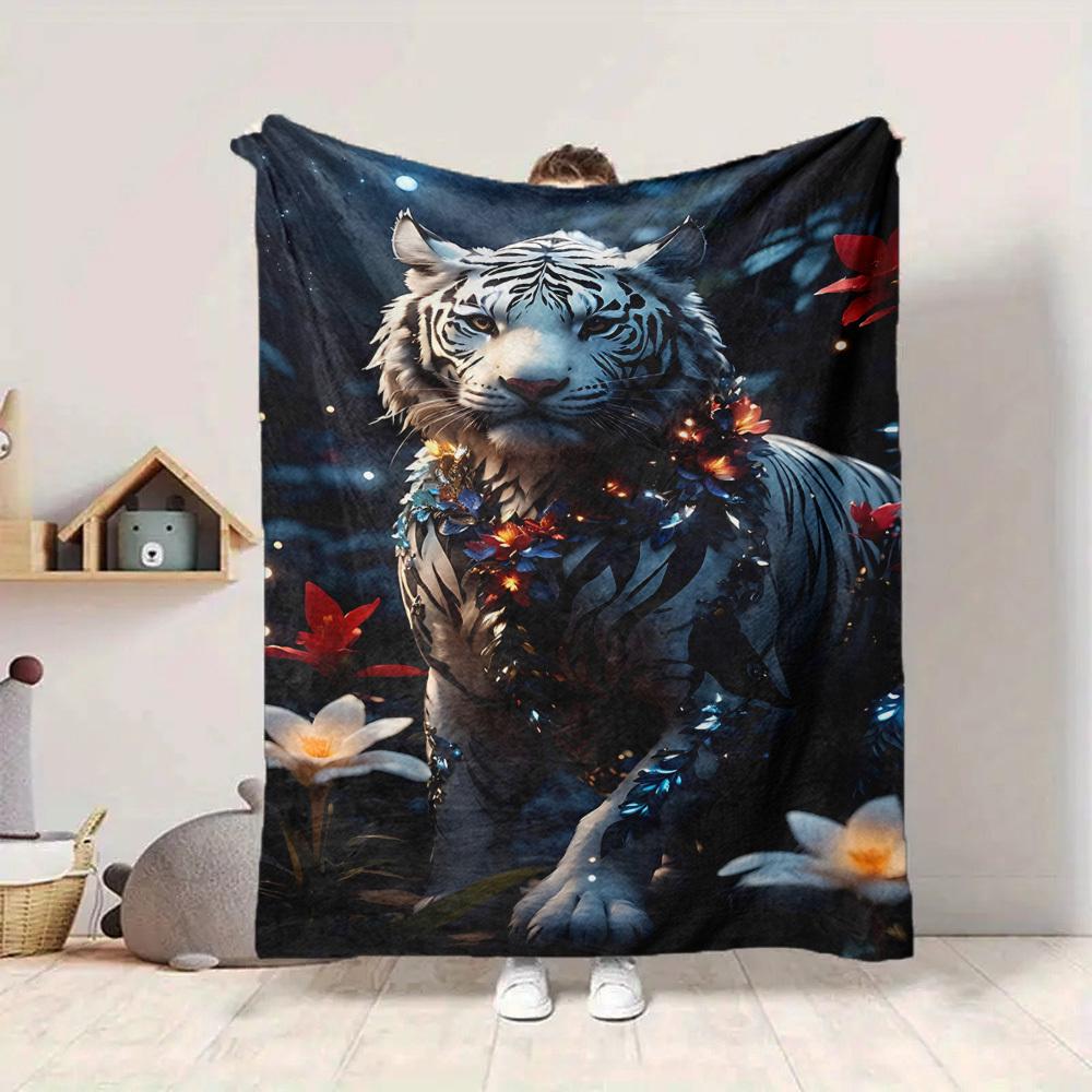 1pc White Tiger Print Blanket Lightweight Flannel Blanket Throw Blanket For Sofa, Bed, Travel, Camping, Livingroom, Couch, Chair, And Bed yy2509026222