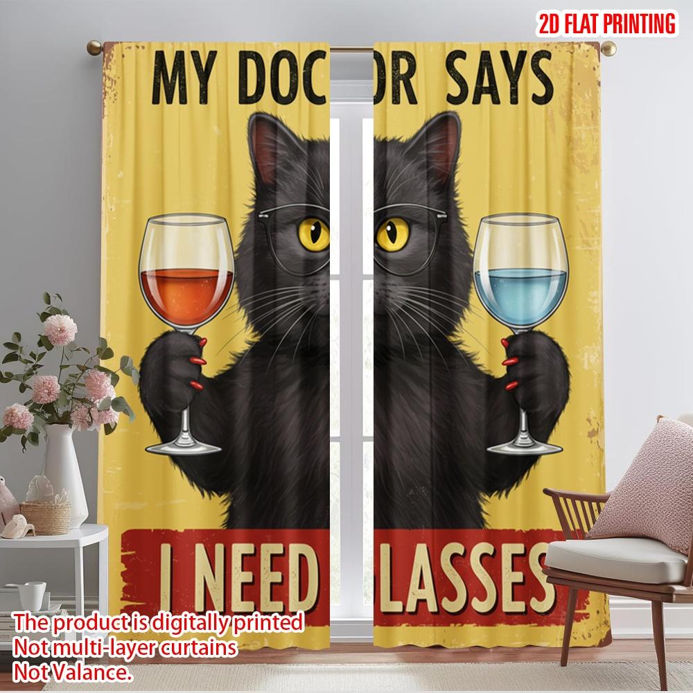 

2pcs 2D flat printing Scene Curtains Black Cat Wine Glasses Polyester Without Electricity Festive Holiday for Holiday Decor 52.50×116.00 CM 2pcs