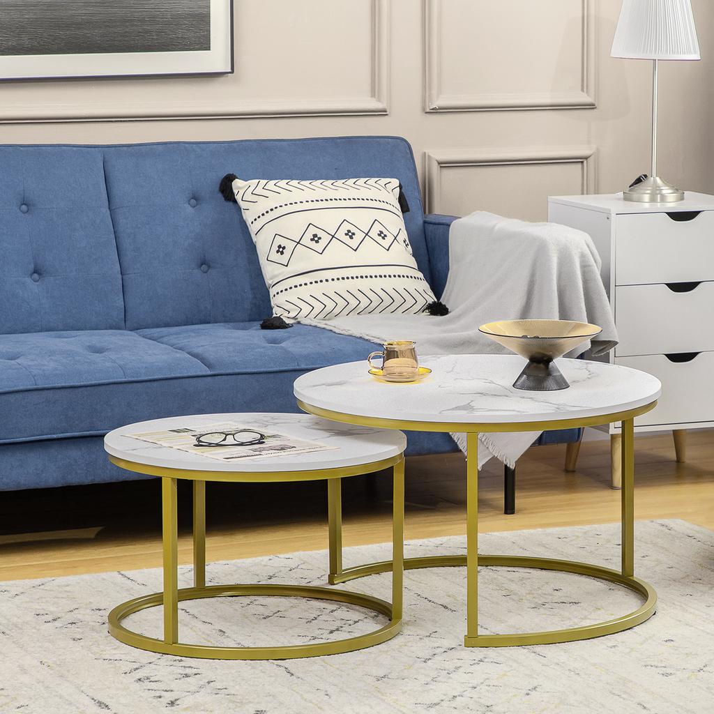 Kaffeetisch-Set aus 2 Teilen, Runde Satztische mit Metallgestell, Moderne Beistelltische für das Wohnzimmer, Weiß