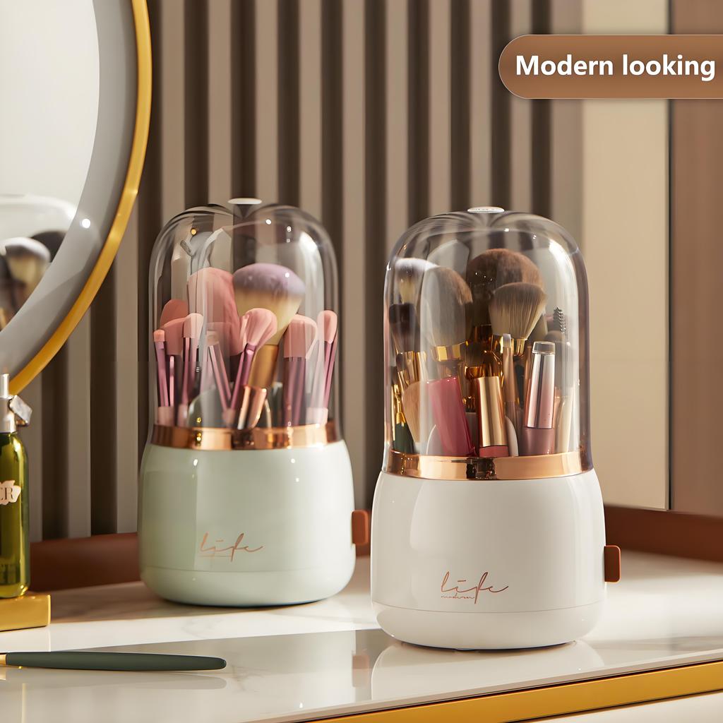 360° Drehbarer Make-up-Pinselhalter | Staubfreie Aufbewahrung mit transparenter Acryl-Abdeckung | Eleganter Waschtisch-Organizer für Schreibtisch & Badezimmer
