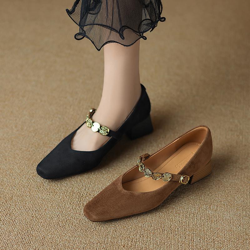 Fashion 2025 New Spring Women Pumps Kid Suede Square Toe Genuine Leather Shoes for Women Buckle Strap Mary Janes Ladies Shoes