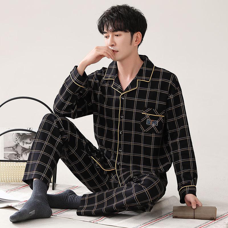 Pajamas Men'S Spring And Autumn Cotton Long Sleeve Autumn Cotton Cardigan Casual Suit Autumn Loungewear