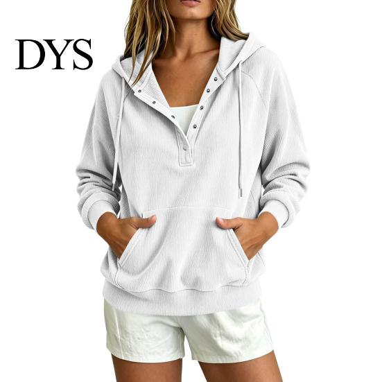 Breathable Autumn Sweatshirt Women Corduroy Hoodie with Kangaroo Pocket, Solid Color Long Loose Fit Top Sleeves Pullover Sweatshirt, Button