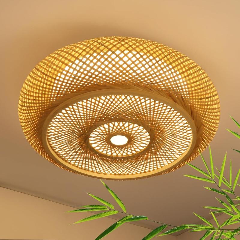 Bamboo Woven Rattan Ceiling Light Boho Hanging Pendant Lamp Flush Moun Light Fixture for Bedroom Living Room Dining Room Light