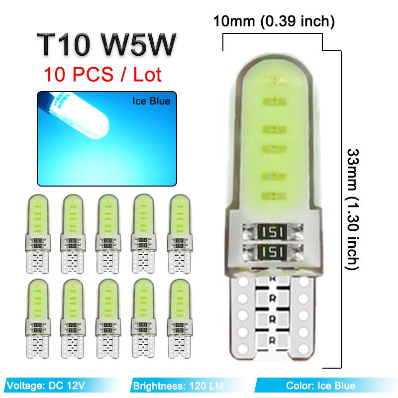 10 PCS T10 W5W LED Bulbs COB 12V 7500K White Car Wedge Side Signal Lights Interior Door Dome Trunk License Plate Lamps Silicone