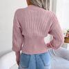 Women Autumn Winter High Waist Solid Color Pullover Sweater V Neck Hollow Bat Sleeve