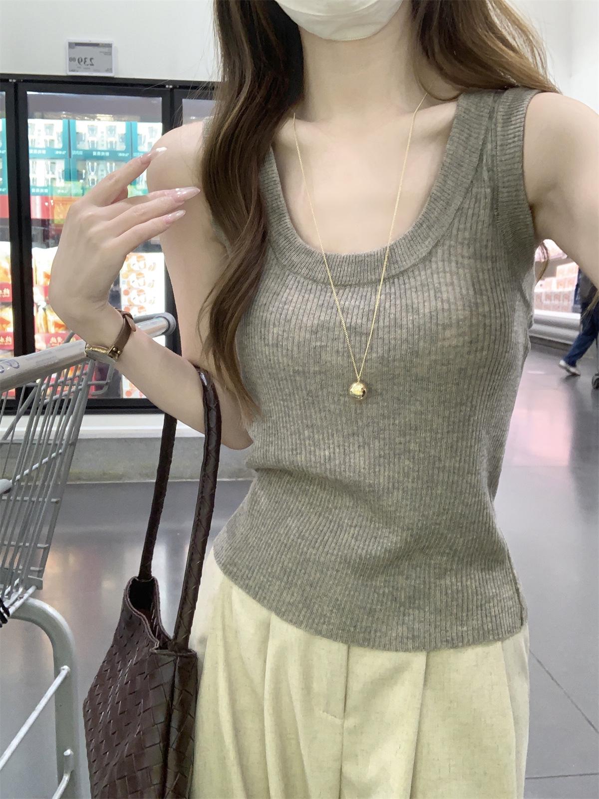 2026 Spring/Summer Korean Style Slim-Fit Wool Blend U-Neck Racerback Vest One Size серый
