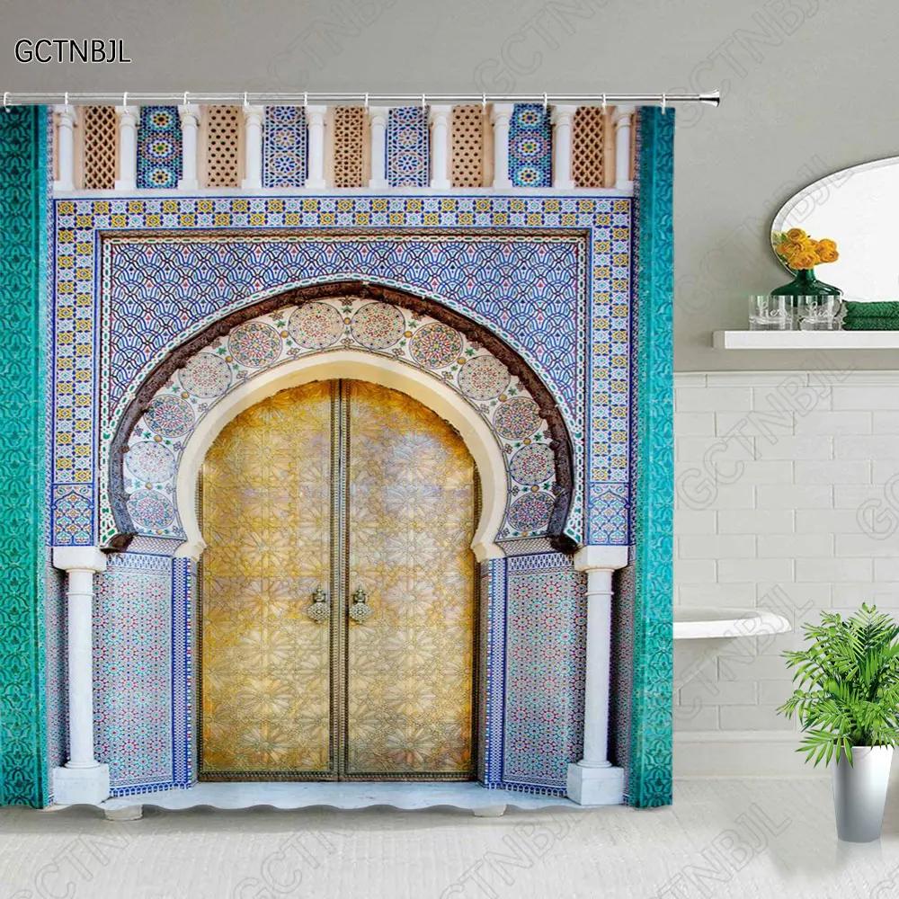 Moroccan Yellow Antique Arched Doors Shower Curtains Old Vintage Wooden Door Bathroom Waterproof Fabric Bath Curtains With Hooks