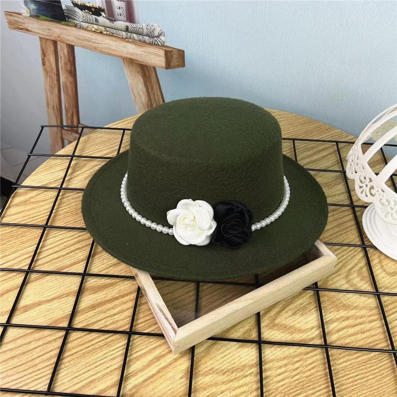 Elegant Retro British Hepburn Style French Pearl Chain Flower Wool Flat Felt Hat Fashion Women's Banquet Top Hat