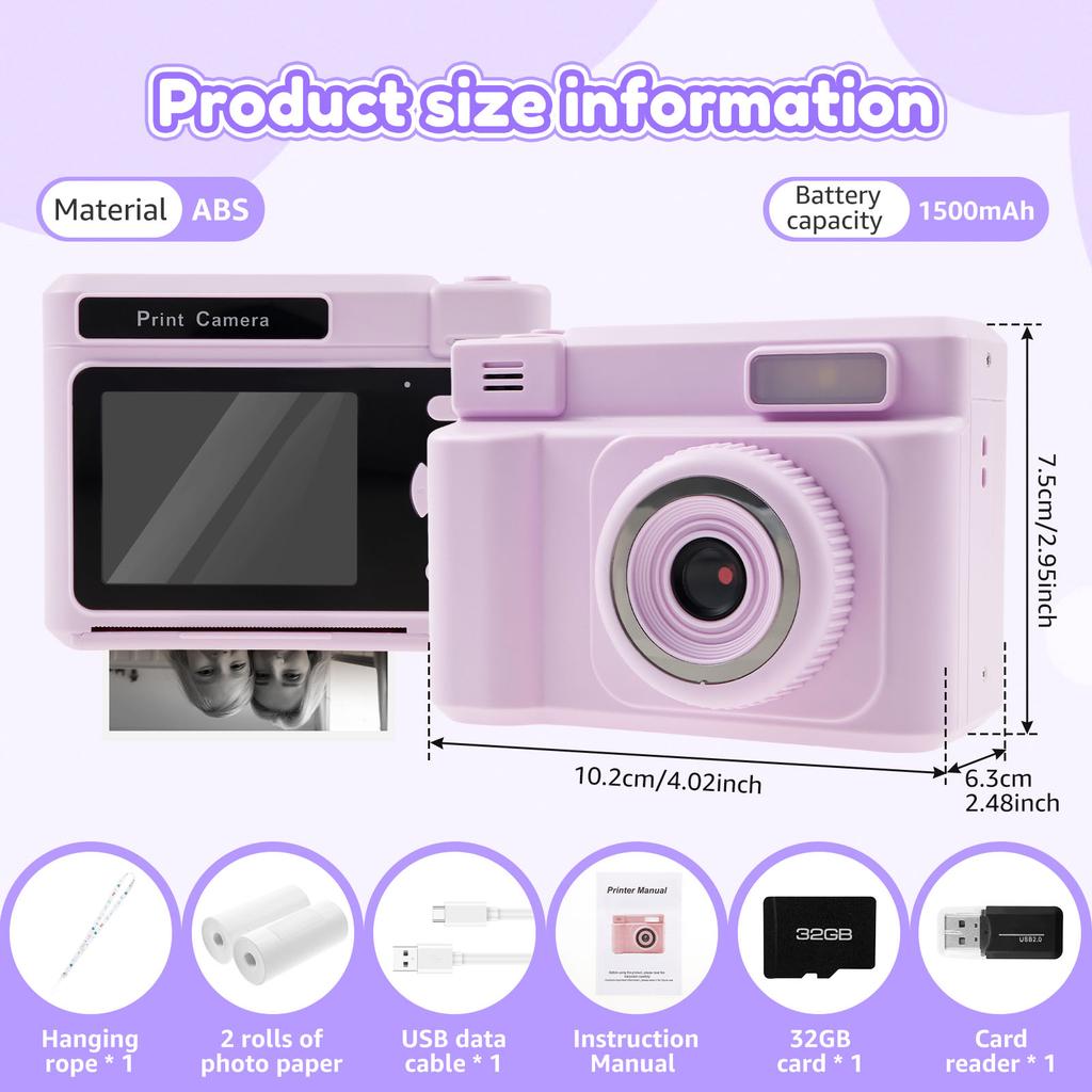 Instant Print Camera for Kids 1080P HD Video Camera with 32GB Child Birthday Festival Gifts Travel Selfie Digital Camera Toys