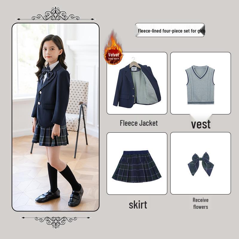 British Style Winter Uniform for Primary and Kindergarten – Children's Velvet Suit Set with Jacket