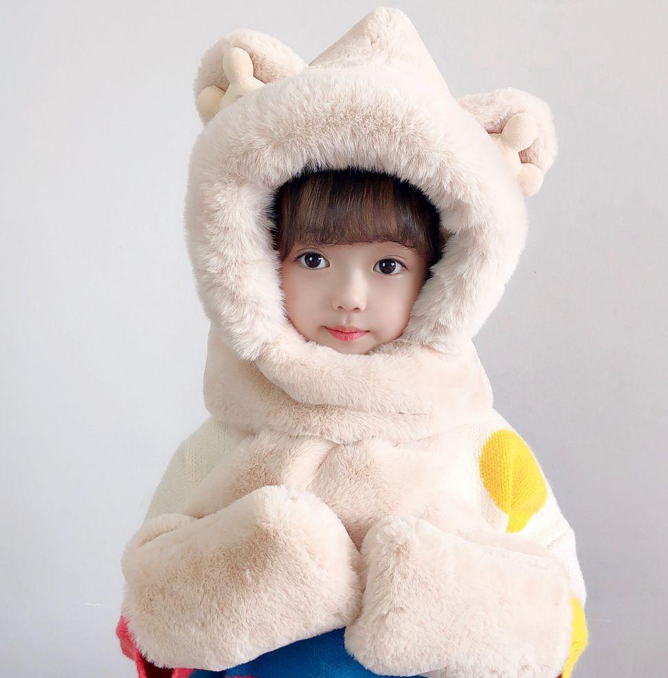 Children's Three-piece Hat Winter Cute Girl Scarf Gloves Integrated Hat Baby Plush Thickened Plush Warm