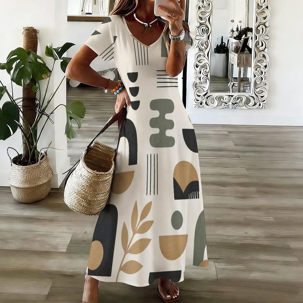 Women Plus Size V Neck Short Sleeve Printed Long Maxi Dress