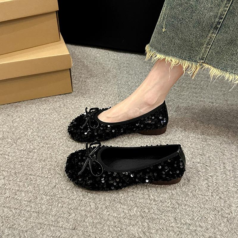 Flat-bottomed temperament silver sequined single shoes fairy shoes 2024 autumn new French black gentle evening shoes
