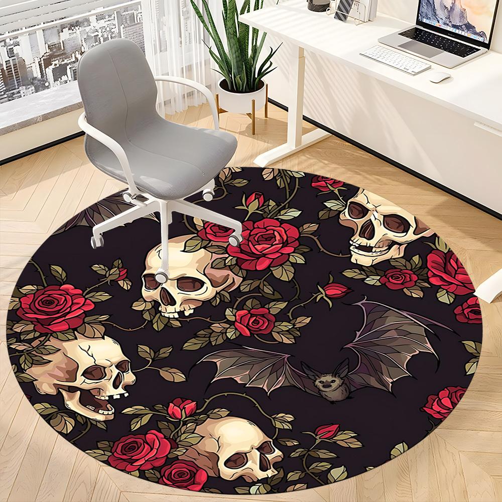 1pc Skull Roses Bats Pattern Office Round Rug, Carpet for Office, Gaming, Lightweight Round Floor Mat Yy260208090