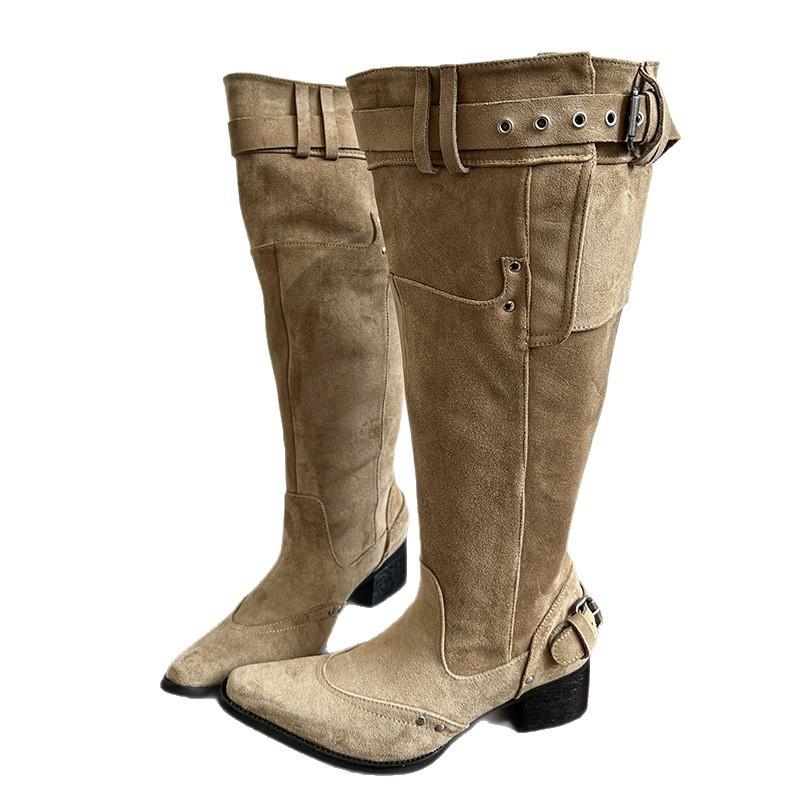 Retro style pointed big tube circumference high heel piling boots spring and summer western cowboy boots thick heel boots women