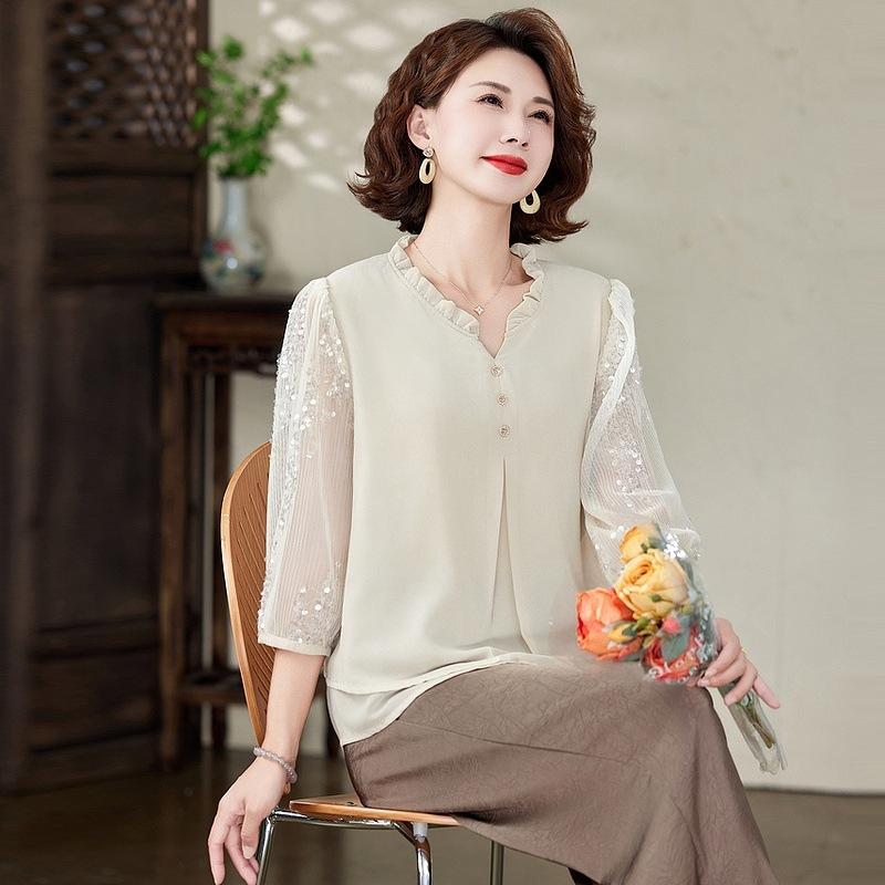 Women's Vintage V Neck Chiffon Sleeve Blouse for Middle Age