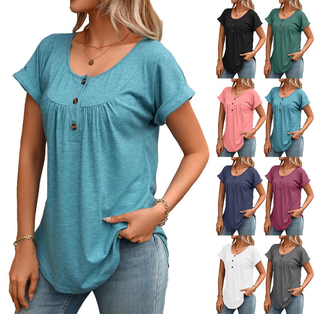Women’s Casual Short Sleeve Pullover T Shirt with Crew Neck and Button Loose Fit Summer Top Blouse