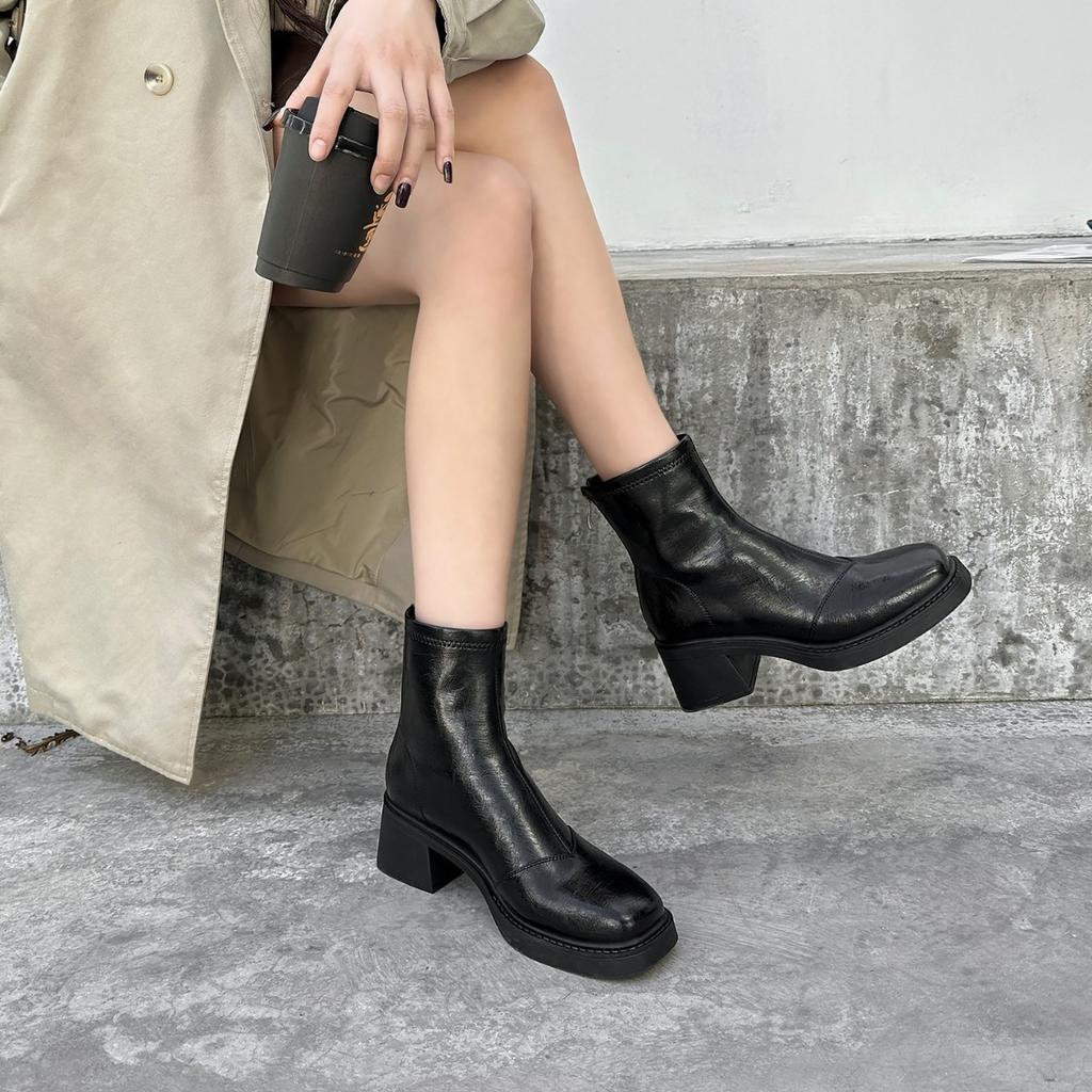 Verze z ovčí kůže tenké boty dámská hlava všestranný temperament jaro a podzim silný podpatek Martinky dámské britské dojíždějící Chelsea krátké boty