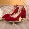 Elegant Pearl Ankle Strap Bride Shoes Women Bow String Bead High Heel Pumps Woman Red Comfortable Square Heels Wedding Shoes