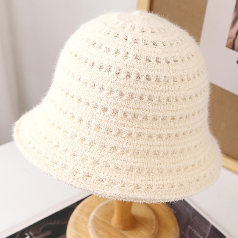 Hollow knitted bucket hat women's spring and autumn new solid color versatile basin hat showing small face breathable sunshade bucket hat