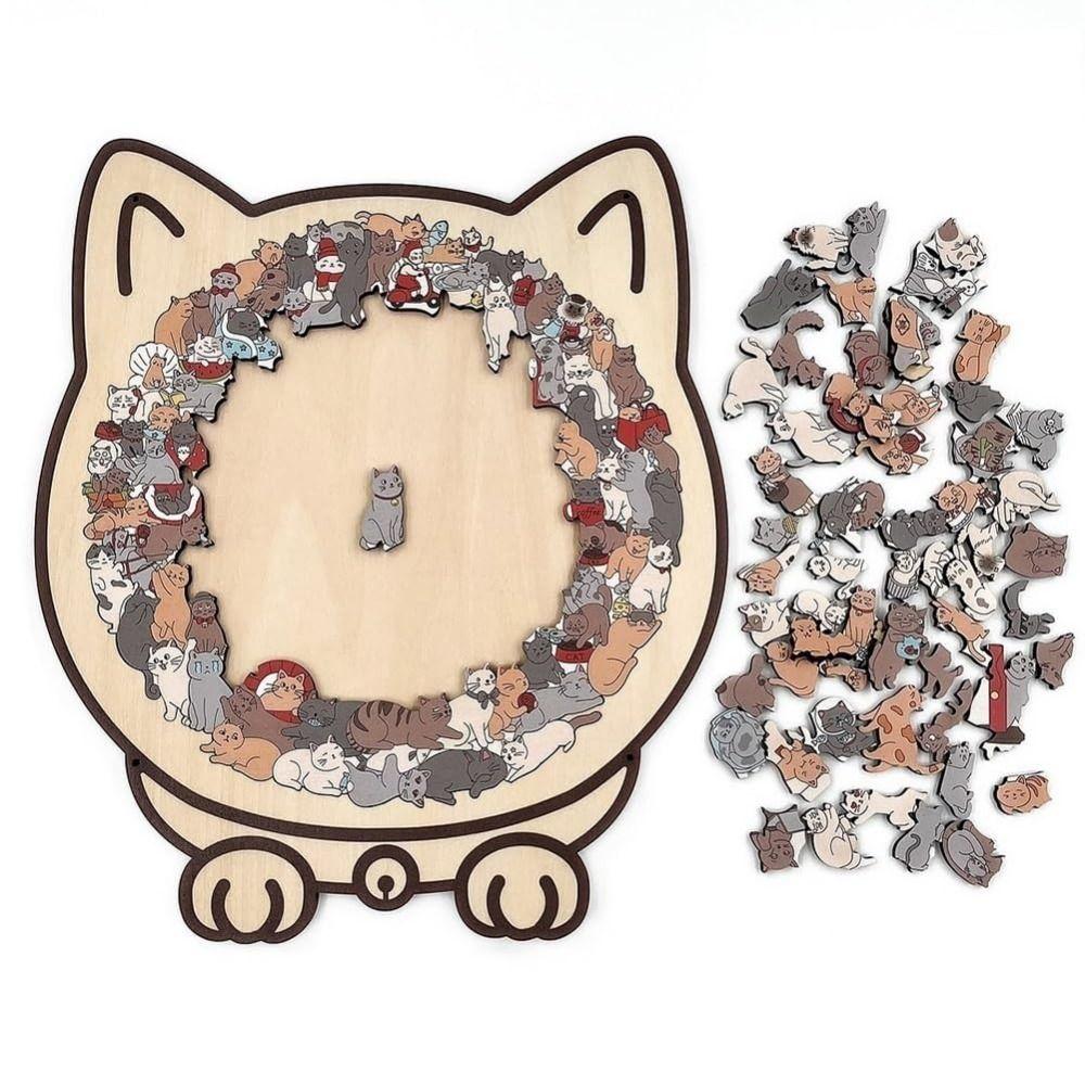 Macaron Color Cat Wooden Jigsaw Puzzle with Cat Silhouette Frame Animal Cats Decorative