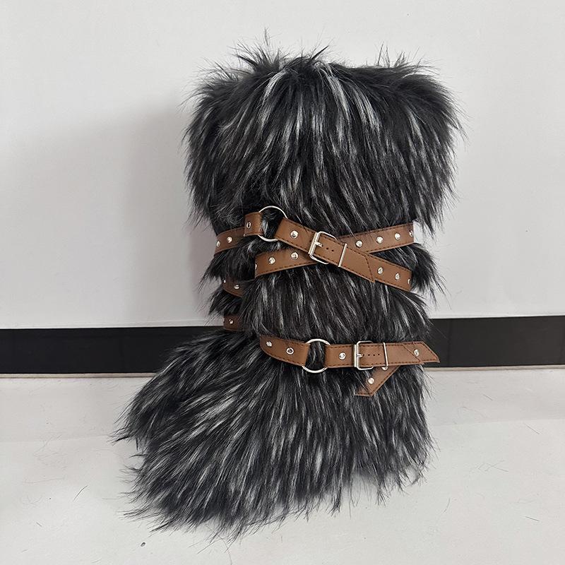 Damen Winterimitat Fuchsfell Stiefel Gürtel Punk Europäisch und Amerikanisch hoher Schaft 40 langer Schaft Schneestiefel Schuhe