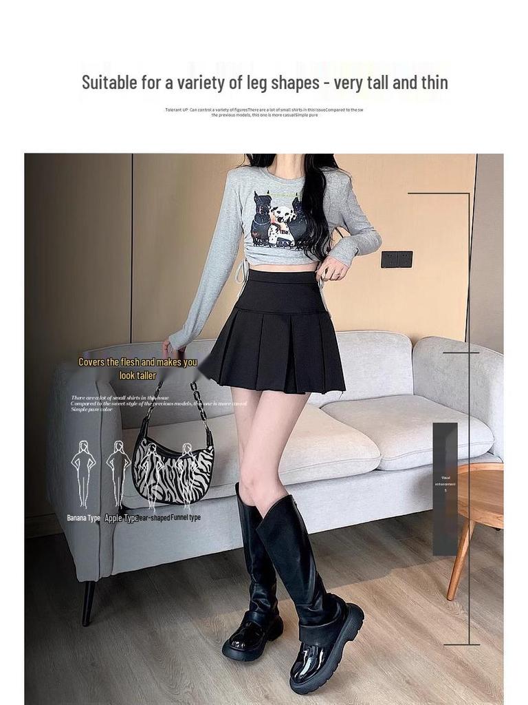 2024 Fashion High Waist Black Pleated A-line Mini Skirt for Women - Spring, Summer, Autumn