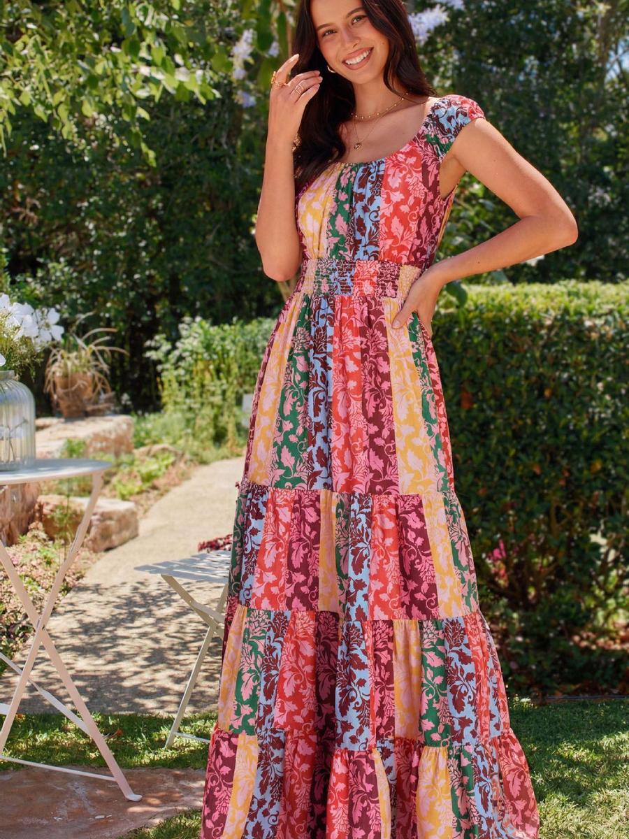 New Summer Bohemian Floral Wrap Belt Midi Dress S красный
