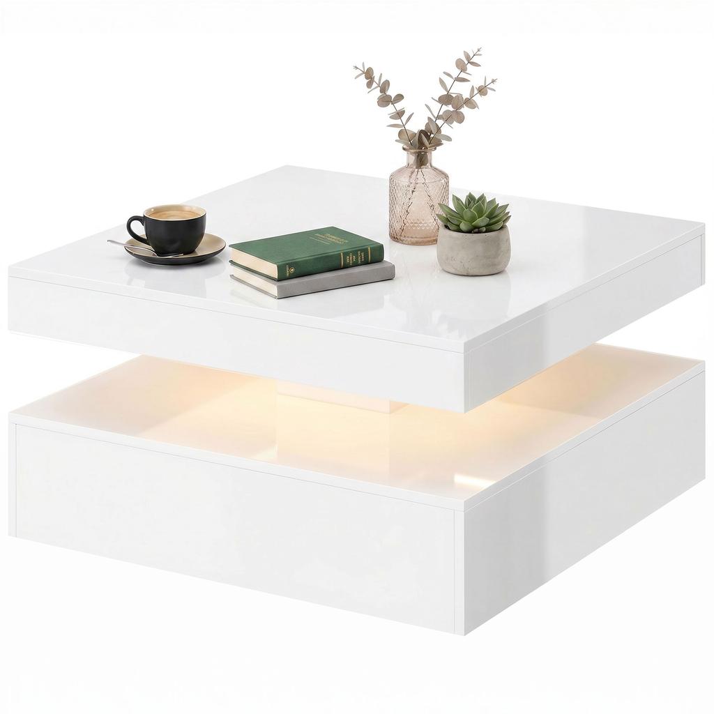 LED-Couchtisch mit Stauraum, 2-stufiger moderner Mitteltisch mit offenem Fach und Fernbedienung für das Wohnzimmer, Hochglanz Weiß