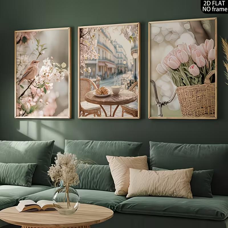 French Country Modern Paris Wall Art Suitable for Living Room Vertical French Streetscape Canvas Poster with Tulips, Spring Autumn Paintings