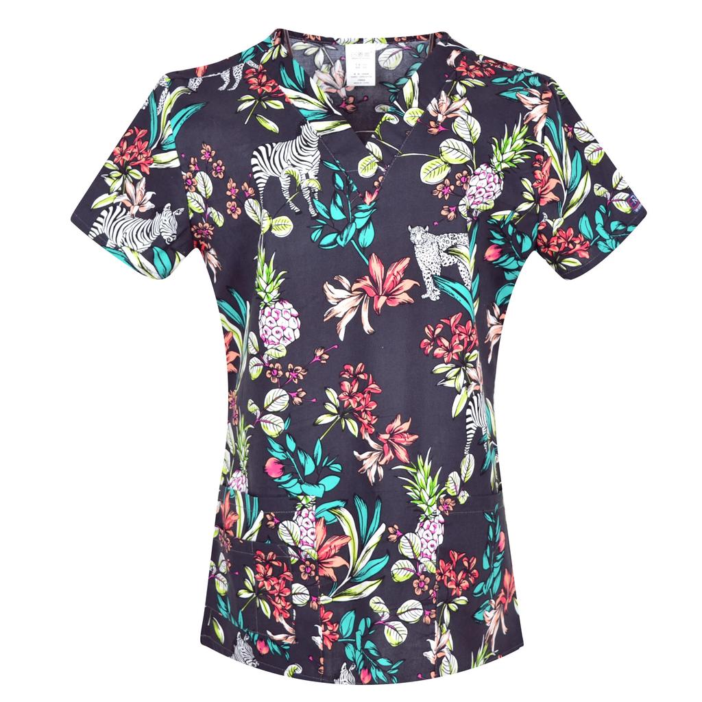 Hennar Uniforme de Trabalho Feminino 100% Algodão Estampado Uniformes Decote V Manga Curta XXS-3XL Hospitalar Clínico Uniforme de Trabalho Top