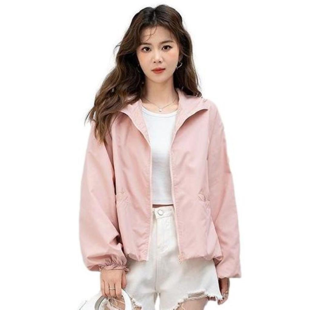 Hooded Blouson for UV Puff Stand Loose Autumn Daily [Blue Beryl] Zip-up Women, Lightweight, Protection, Sleeves, Collar, Fit, Lined, Outerwear,