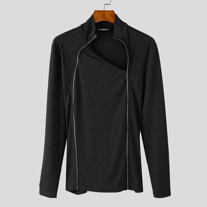 

INCERUN Мужские топы с косым воротником и длинным рукавом, с текстурой, эластичные, повседневные, с пуловерами, футболки 4XL чёрный