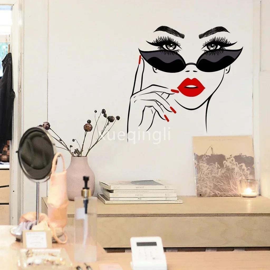 Female Face Beauty Vinyl Wall Decal Beauty Studio Door Sticker Cosmetic Makeup Wall Art Sticker Mural Removable Salon Decoration