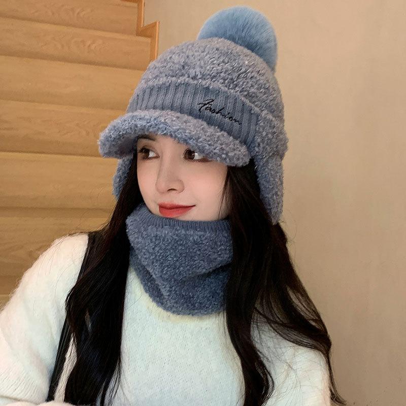 Letter Embroidery Plush Ear Protector Cap Women's Autumn and Winter Scarf Cover Cycling Warm Skiing Knitted Wool Cap